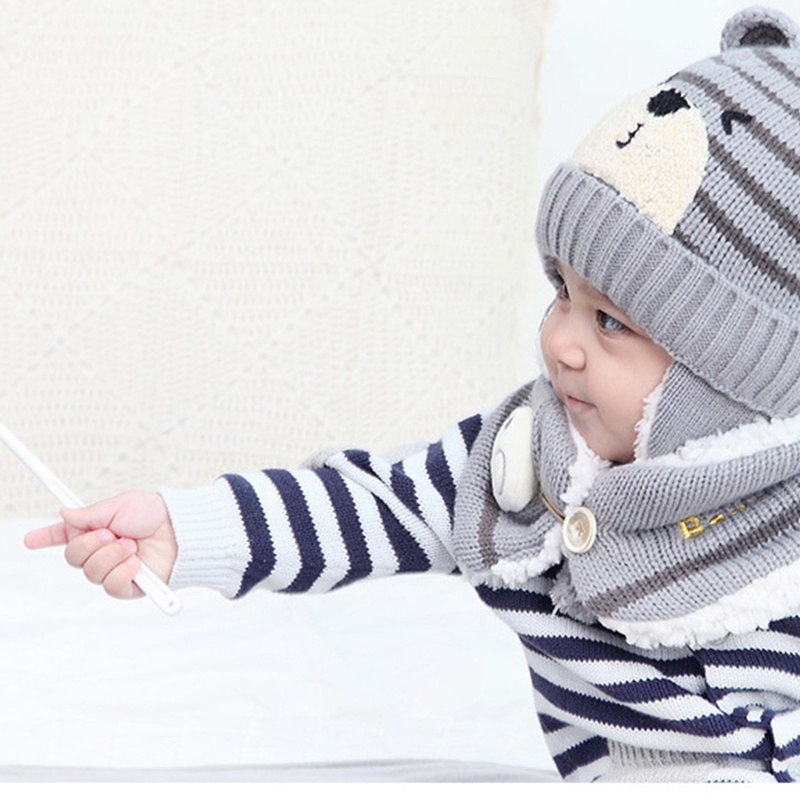 Set 2 Mũ Dệt Kim Mềm Giữ Ấm Mùa Thu Đông In Họa Tiết Gấu Dễ Thương Cho Bé Trai + Gái