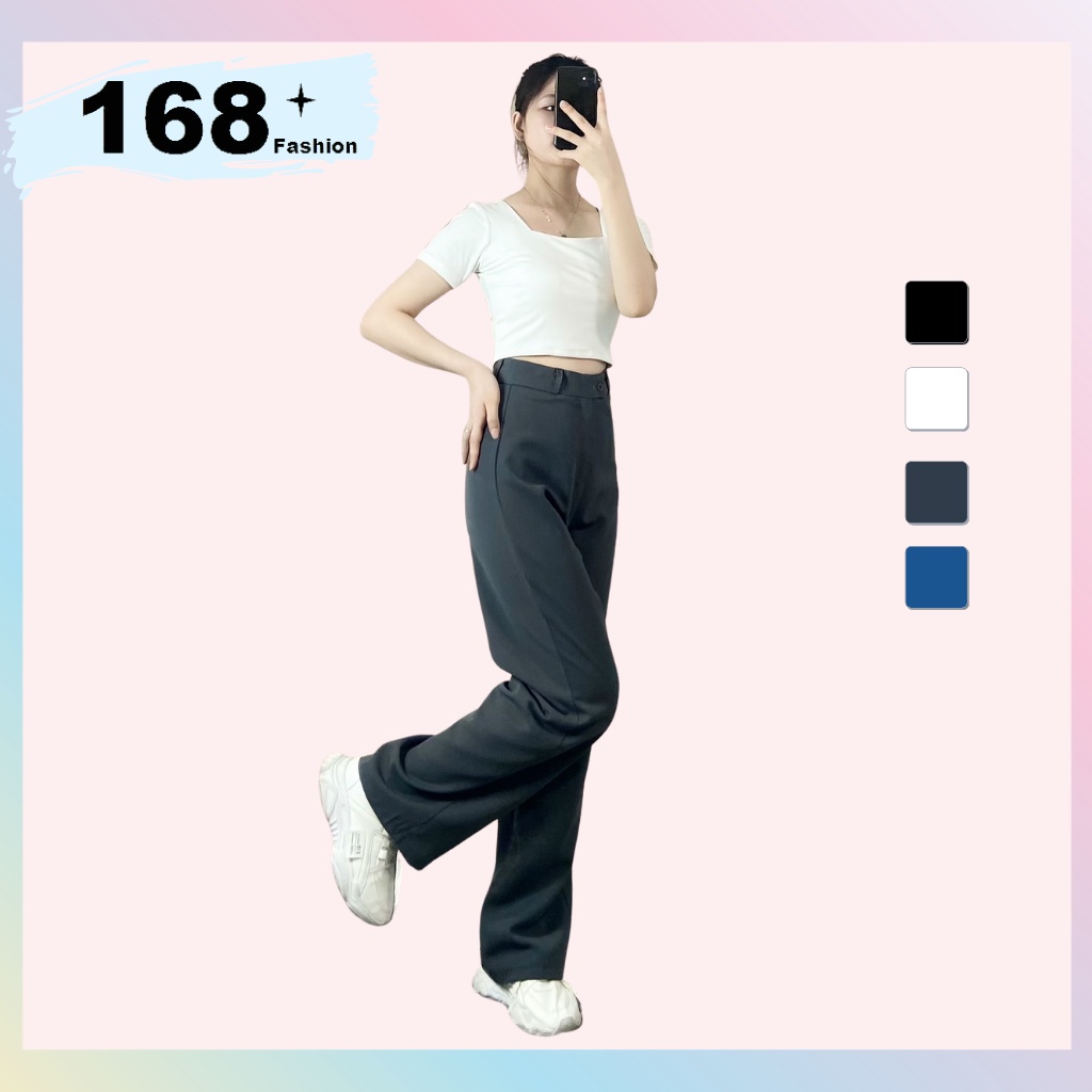 Quần tây nữ cạp cao 168FASHION (màu đen, màu xanh Coban, màu trắng, màu ghi), cúc lệch khóa giữa, basic, dáng dài 100cm