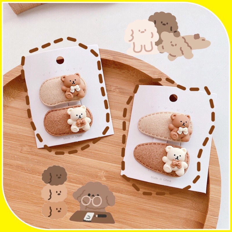 T1 - Set 2 kẹp tóc gấu nâu cho bé gái, cặp tóc phong cách vintage hàn quốc
