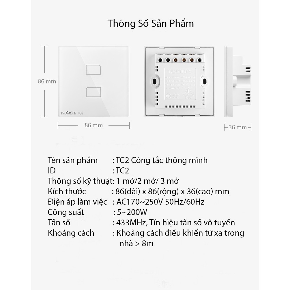 Công tắc cảm ứng, điều khiển từ xa Broadlink TC2 2 Nút -BROADLINK TC2 WH/2-Gang