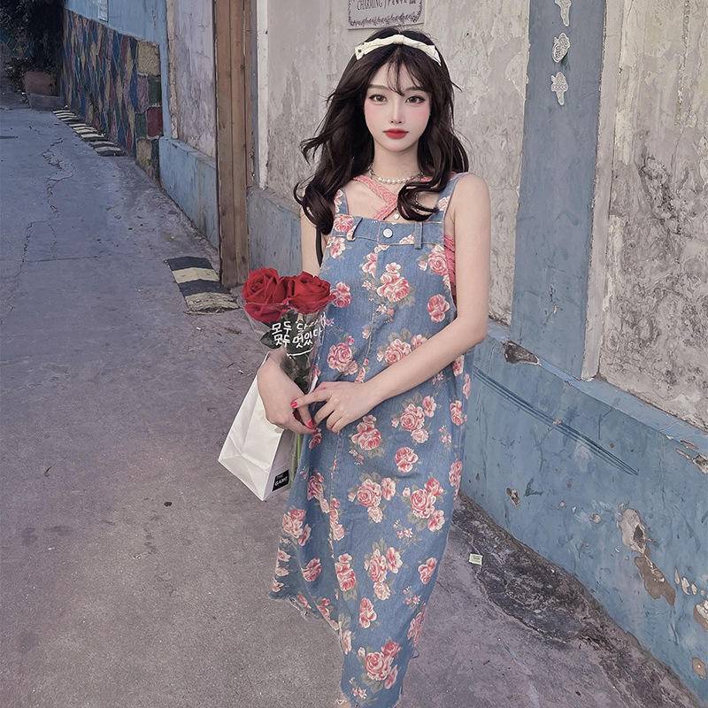 Đầm Yếm Denim Dáng Dài Thời Trang Mùa Hè Retro Dành Cho Nữ