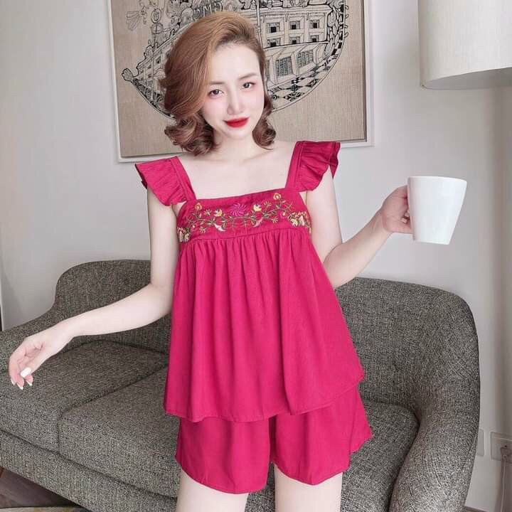 Pyjama Lụa Satin , Bộ Đồ Ngủ Nữ Tay Ngắn Quần Đùi thêu hoa, Pijama Nữ đa dạng màu sắc