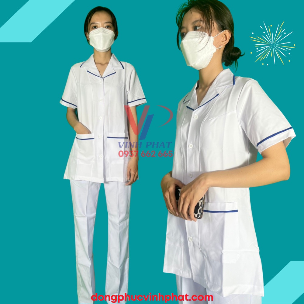 Áo Blouse Trắng Nữ Ngắn Tay Điều Dưỡng, Dược Sĩ Y Tá Chất Vải Cao Cấp - Áo Blouse Ngắn Tay Phối Viền Xanh - Ảnh Thật