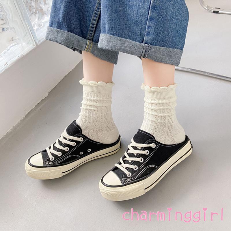 Vớ cotton phối ren nhiều màu sắc thời trang thu đông cho nữ