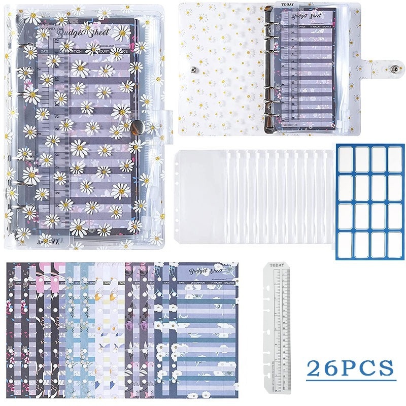 Set 26 Túi Đựng Tài Liệu / Tiền A6 Chống Thấm Nước Có Khóa Kéo Hoạ Tiết Hoa Cúc Xinh Xắn
