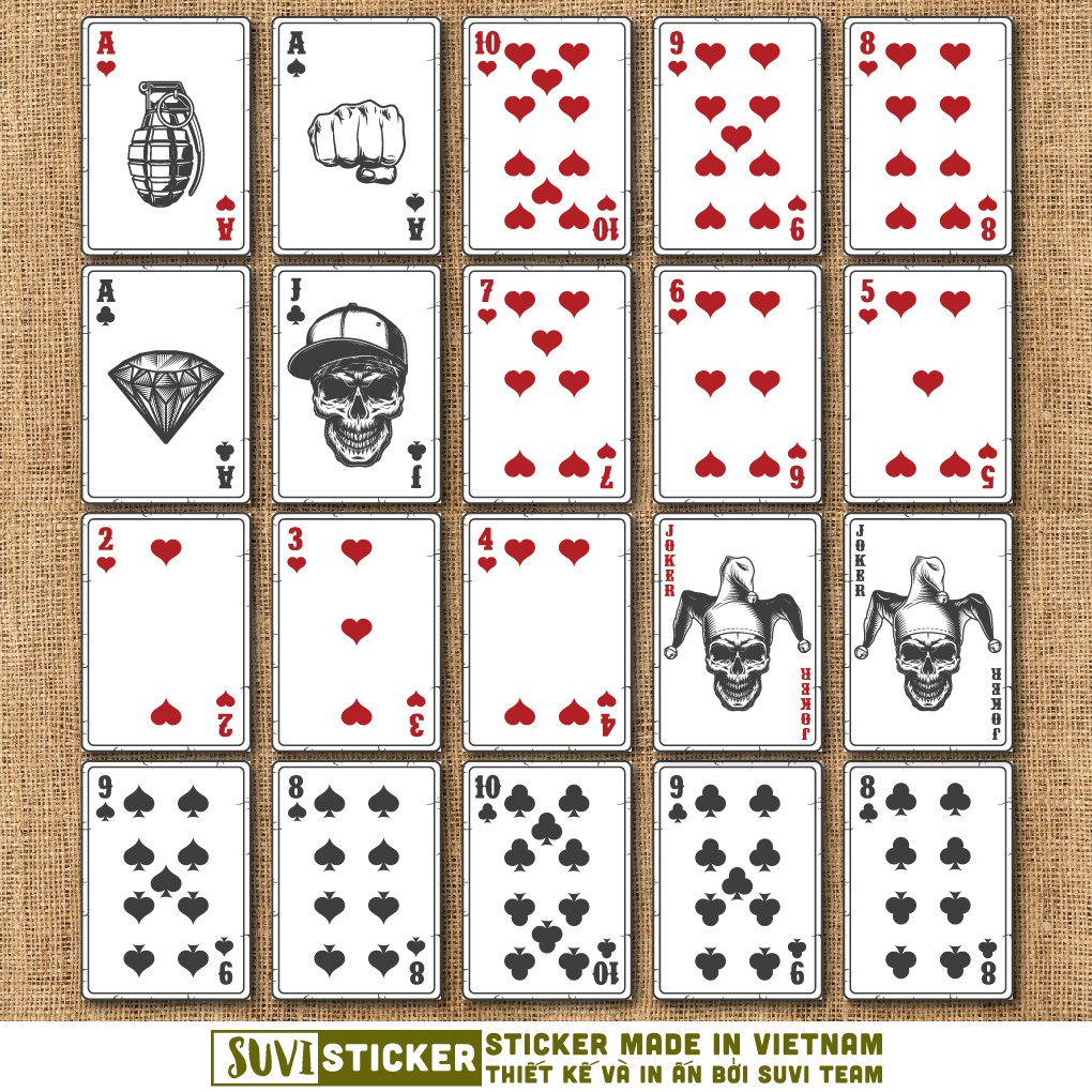 50 Sticker Playing Card chống nước sticker dán laptop, điện thoại, đàn guitar, mũ bảo hiểm, vali. MSP: VR19