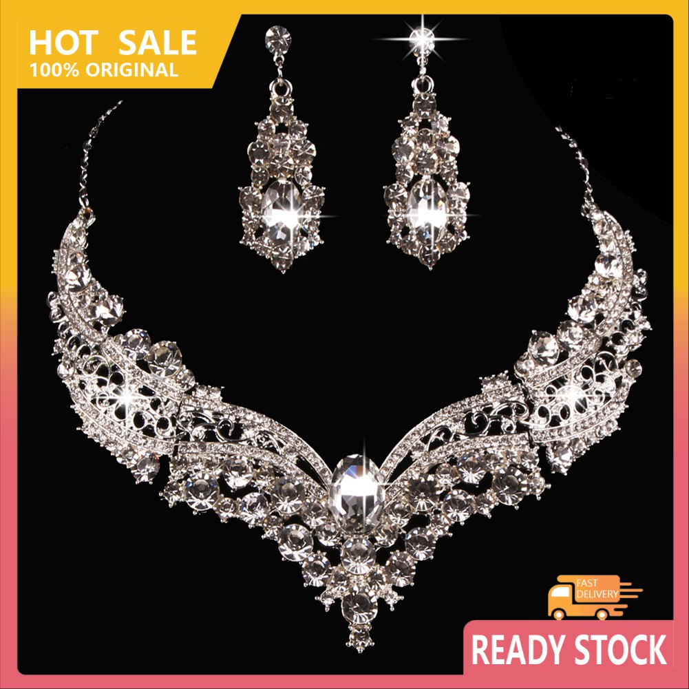 Bộ dây chuyền + hoa tai đính đá lấp lánh phong cách nữ hoàng dành cho cô dâu