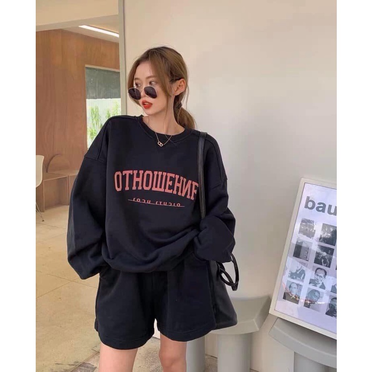 Sét Đồ Nữ, Sét Áo Nỉ Cổ Tròn Dài Tay OTHO Kèm Quần Short Đùi Dáng Rộng Unisex Ulzzang