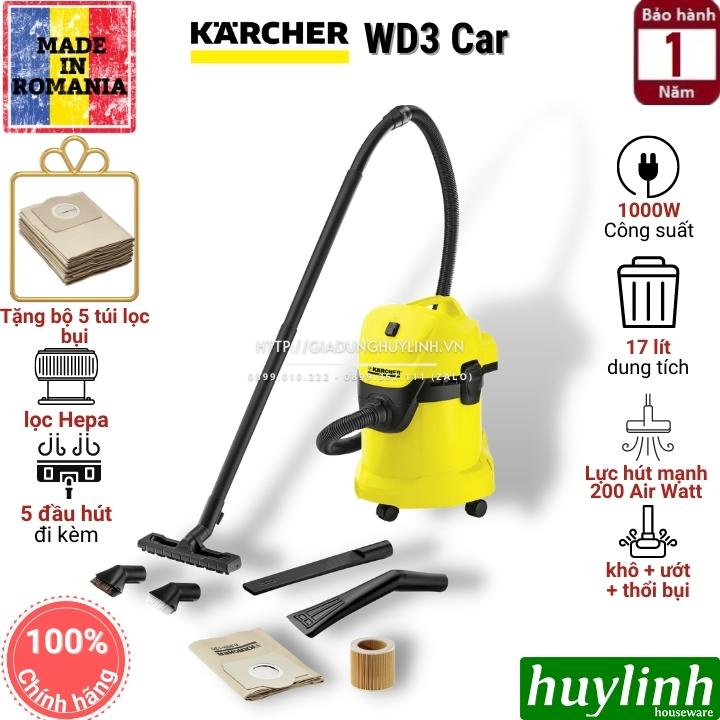 [Mã ELHAMS5 giảm 6% đơn 300K] Máy hút bụi khô và ướt Karcher WD3 Car - Tặng bộ 5 túi lọc bụi trị giá 230.000