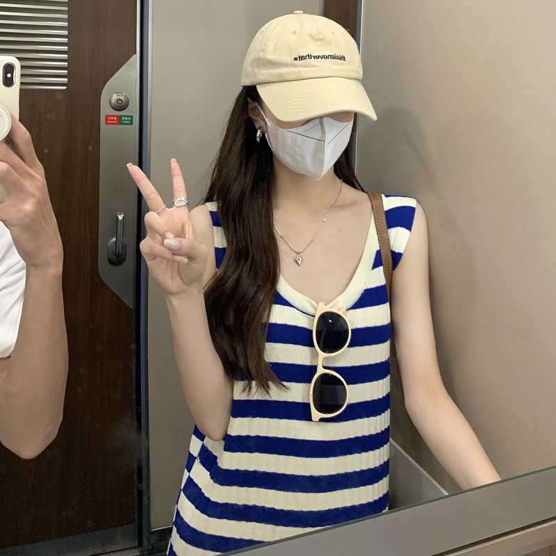 Porozi Đầm dài không tay họa tiết sọc thời trang cho nữ