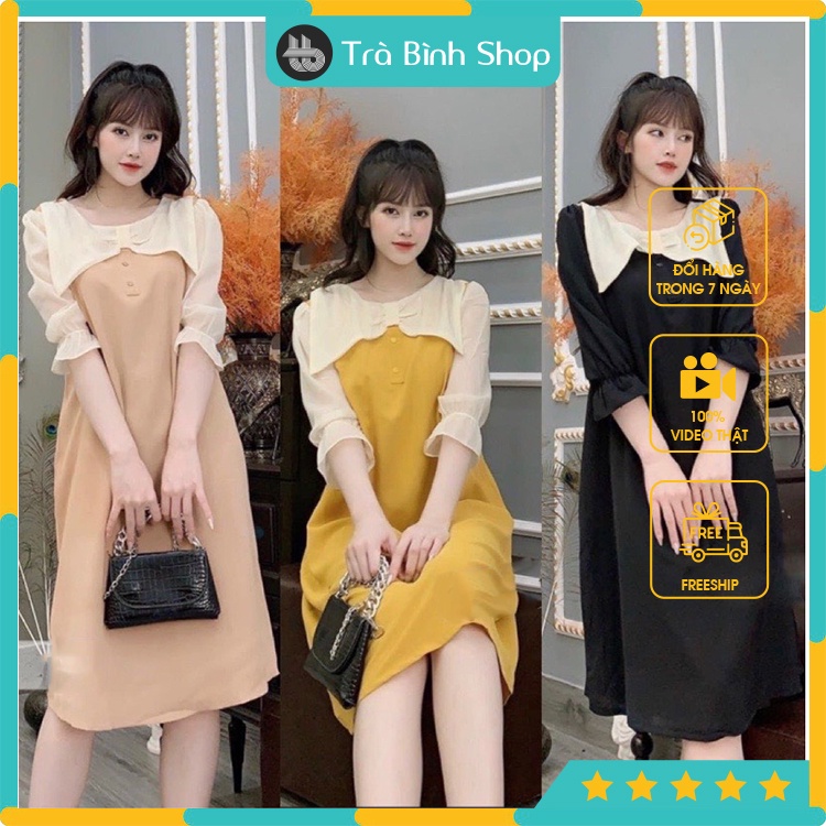 Đầm suông cổ nơ tay lỡ Váy dáng dài phối voan tiểu thư