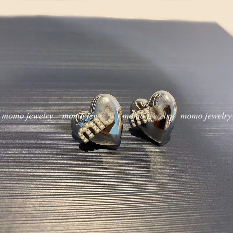 Bông Tai Mạ Bạc 925 Hình Trái Tim Ngọc Trai / Chữ mi.u Phong Cách Mới
