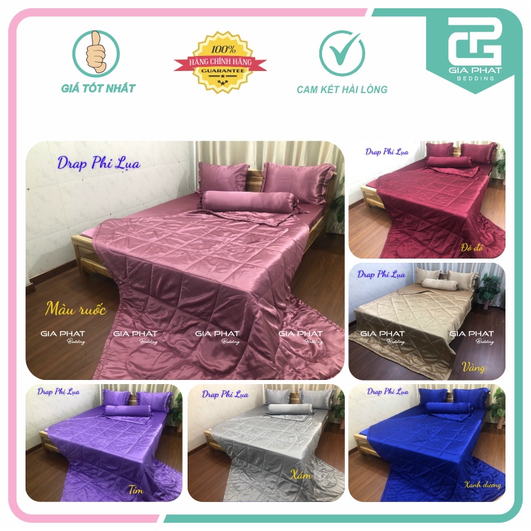 Bộ ga gối phi lụa mát mịn cao cấp 4 món: 1 ga bọc + 2 áo gối nằm + 1 áo gối ôm (ko mền) 1m6, 1m8.ga giường