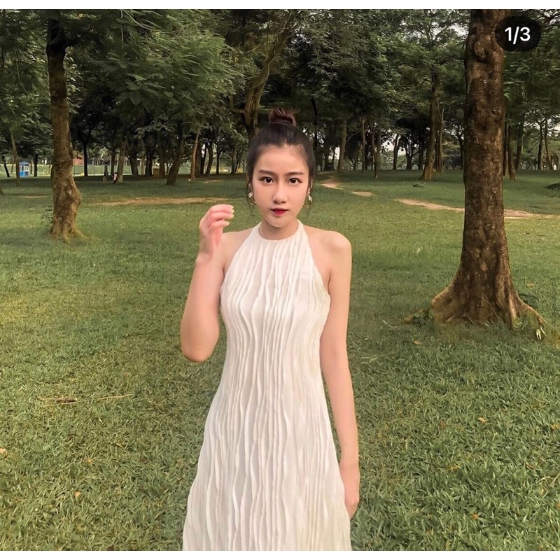Đầm midi body cổ yếm cột dây gân trắng hở lưng