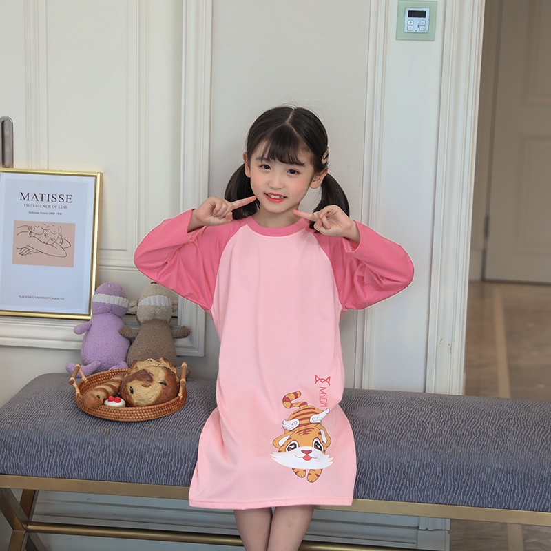 Đầm Ngủ Cotton Tay Dài In Họa Tiết Hoạt Hình Dễ Thương Cho Bé Gái