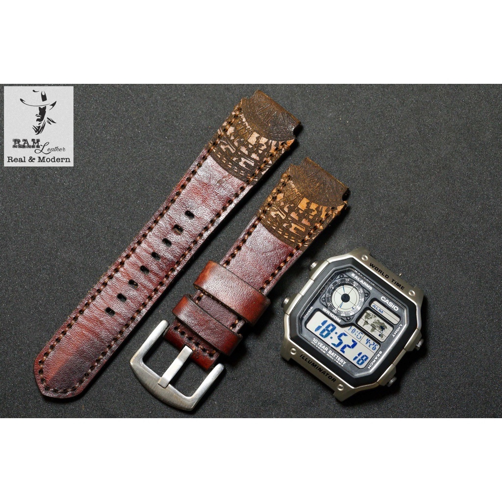 Dây đồng hồ RAM Leather Trống đồng cho CASIO 1200, AE 1200, 1300, 1100, A159 , A168 , Size 18 da bò burgundy đỏ