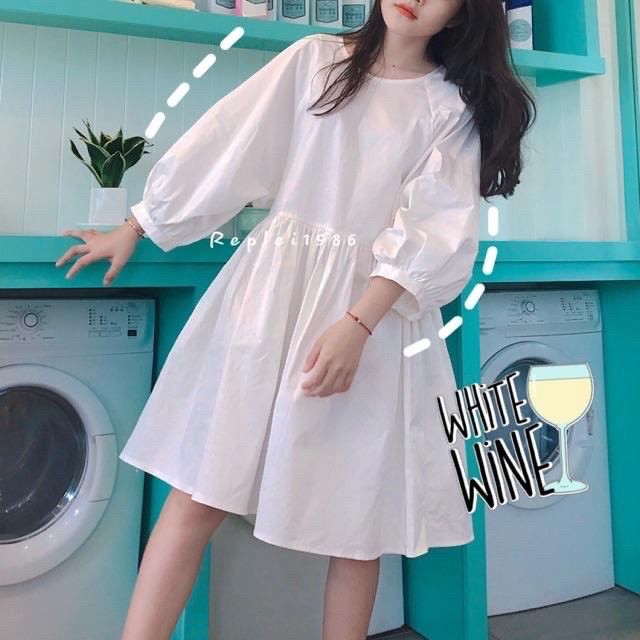 Đầm Babydoll Trơn Dáng Suông Tay Bồng 2 Màu