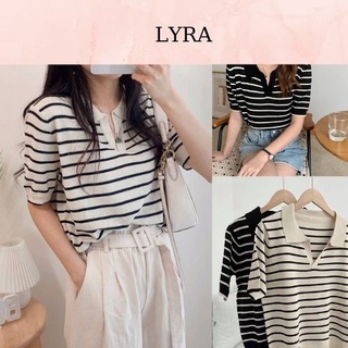 Áo mongtoghi nữ kẻ ngang LYRA, chất liệu len mịn ngắn tay dáng suông cổ bẻ trẻ trung, màu sắc vintage,xinh xắn-VXYAL0008