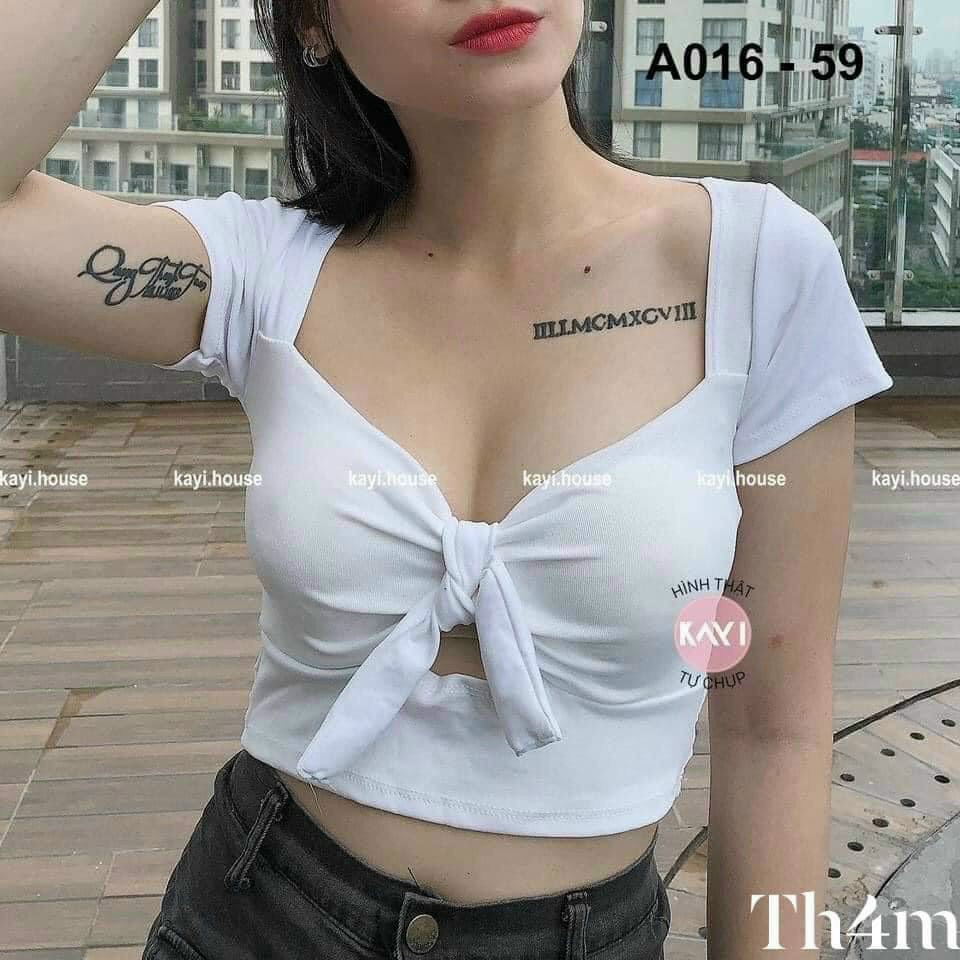 Áo Thun Cúp Ngực Hàn Quốc Cổ Vuông Ngắn Tay Phối Cột Nơ Trước Xinh Xắn TTKXA0416