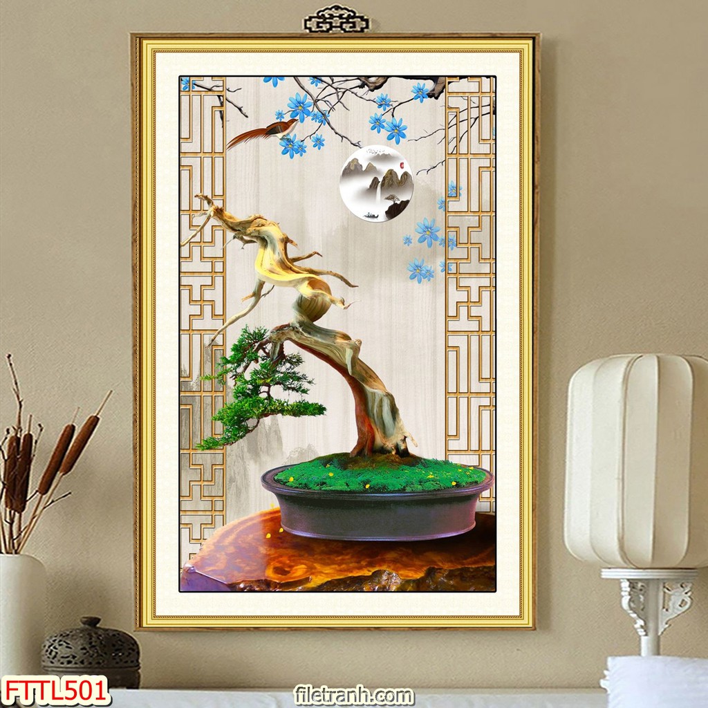 TRANH DÁN TƯỜNG CHẬU BON SAI,TRANH CHẬU CÂY CẢNH IN 3D