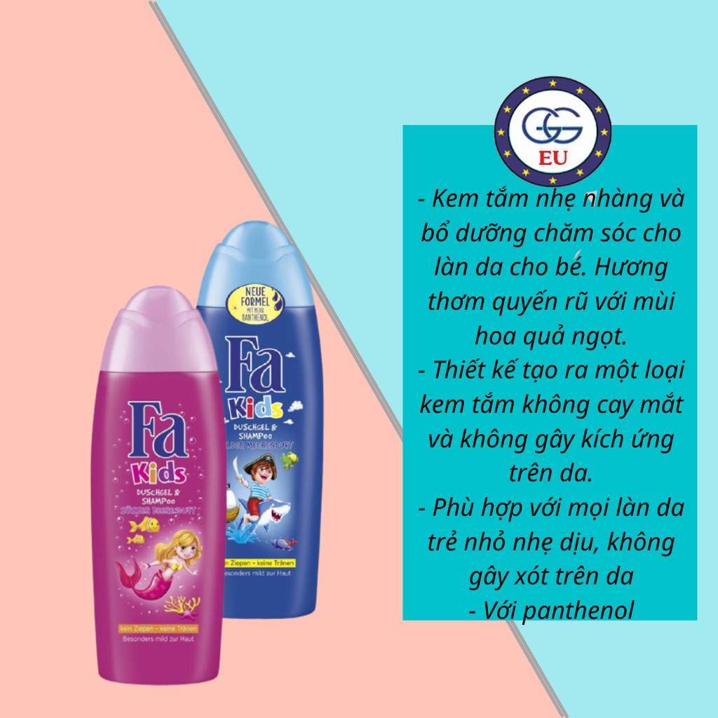 Sữa tắm gội Fa Kids 2in1 cho trẻ em giúp làm sạch và cấp ẩm, an toàn cho bé, nội địa Đức, GGEU