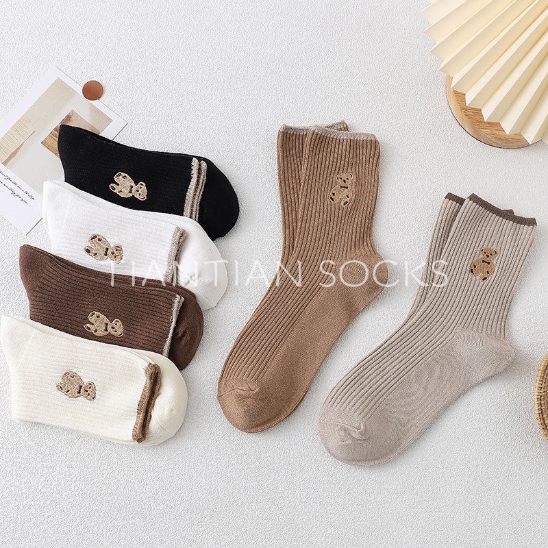 Tất nữ  vớ nữ cổ cao Cotton thêu hình gấu mới  dành cho nữ sinh