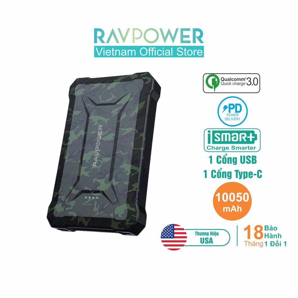 Pin Sạc Dự Phòng RAVPower 10050mAh Cổng In/Out Type C PD 18W QC 3.0, Chống Nước