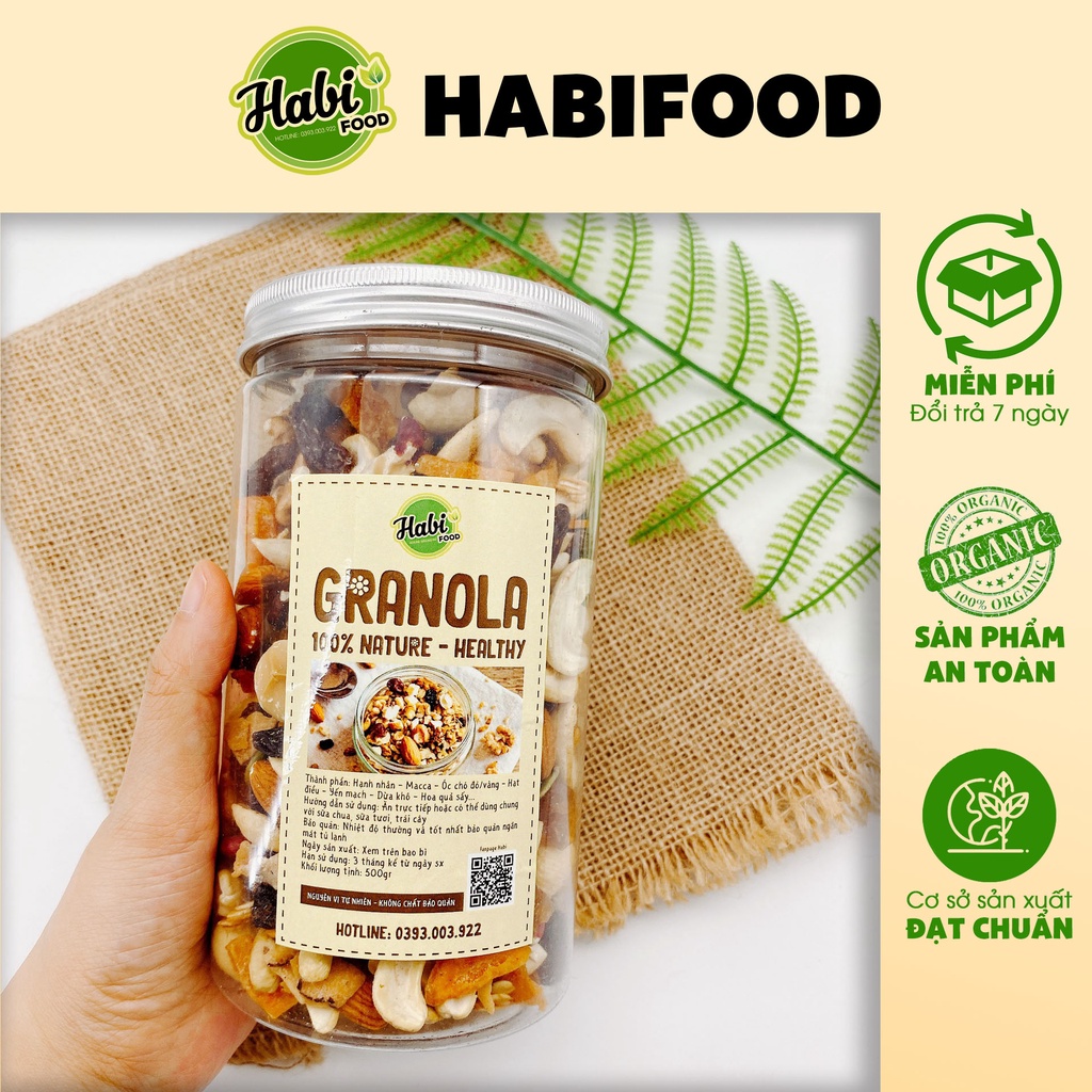 Granola không đường siêu hạt HABI mix 6 loại hạt với nho khô 3 màu, xoài sấy, dừa khô, Granola ăn kiêng