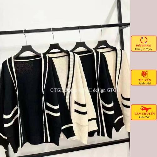 Áo cardigan len nữ oversize dáng dài phom rộng viền đen trắng ulzzang Hàn Quốc mùa thu đông