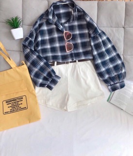 Áo sơ mi oversize caro tay phồng