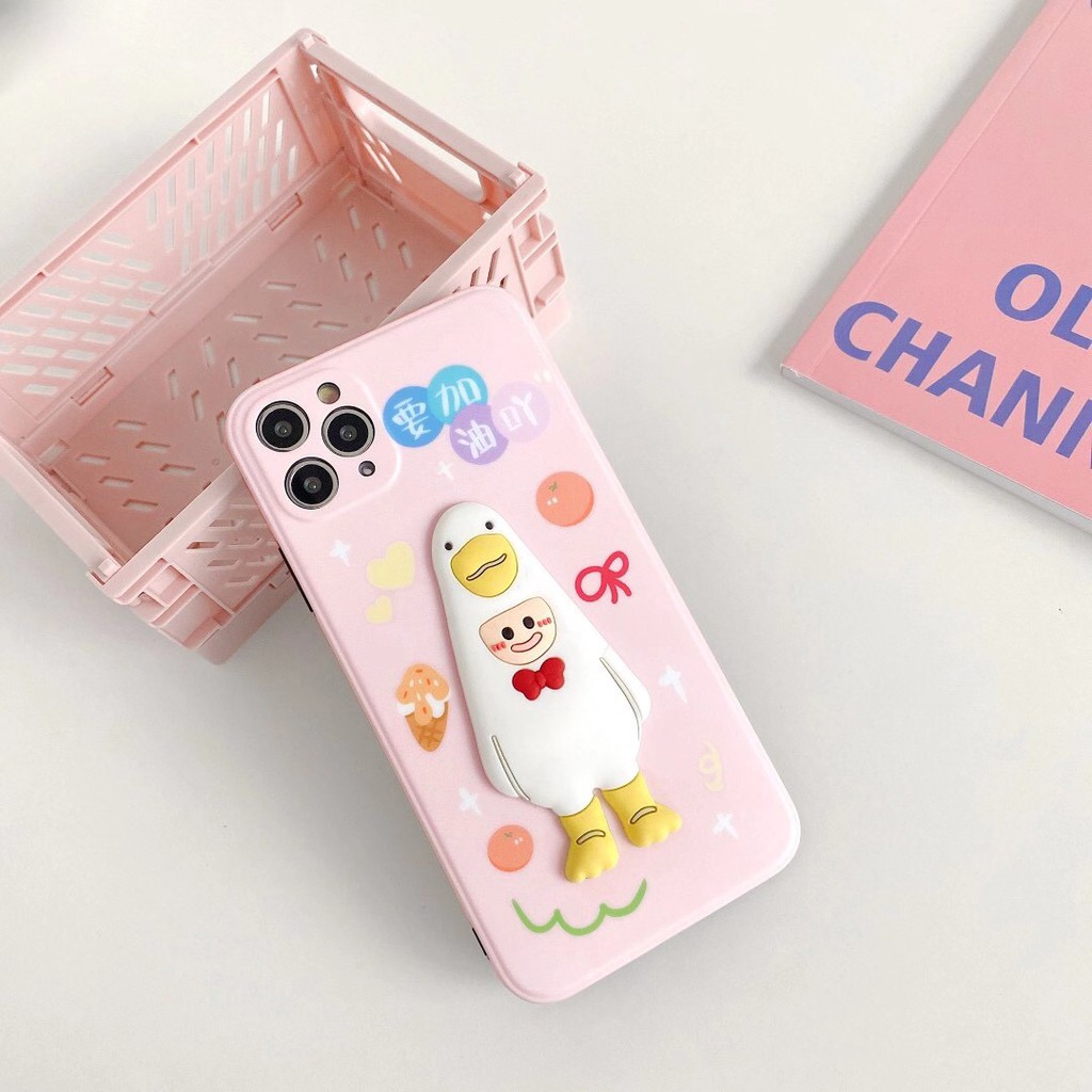 iPhone case Ốp lưng iPhone Hoạt hình Vỏ mềm Cute duck TPU Bảo vệ ống kính hoạt hình Bốn mặt có kết cấu gợn sóng 3D dày cho iPhone 11 Pro Xs MAX XR I8 I7