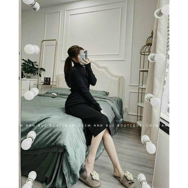 Váy cổ lọ đen tăm dài tay chất co giãn dáng dài qua gối