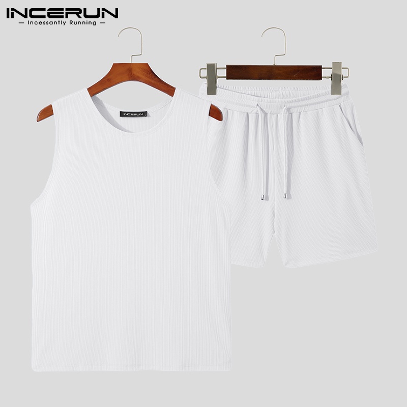 Bộ đồ INCERUN gồm áo sát nách không tay và quần đùi dây rút thiết kế đơn giản thời trang thường nhật dành cho bạn nam