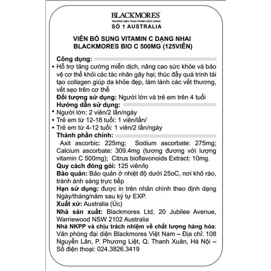 [Chính hãng Úc] Viên bổ sung vitamin C dạng nhai Bio C 500mg Blackmores Úc 125 viên, tăng cường sức đề kháng, làm đẹp da