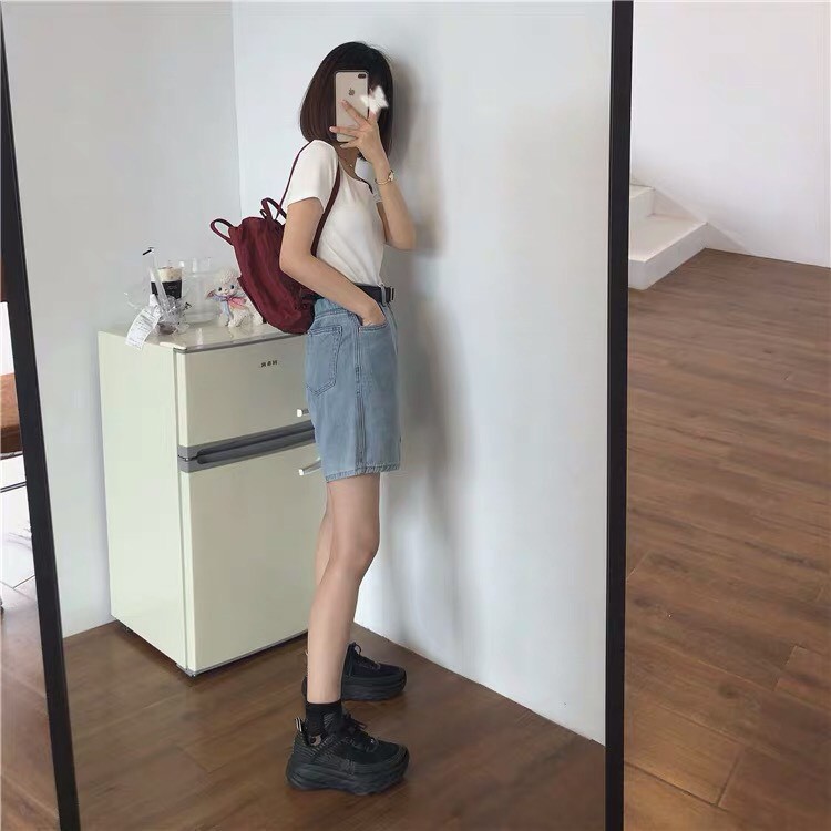 QUẦN SHORT JEANS NỮ HAIQUANG CAO CẤP CẠP CAO ỐNG RỘNG MÀU XANH NHẠT