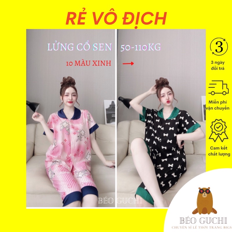Lửng Cổ Sen 50-110kg K3LCS Béo Guchi Bigsize Pijama Lụa cao cấp mềm mịn - Đồ bộ nữ