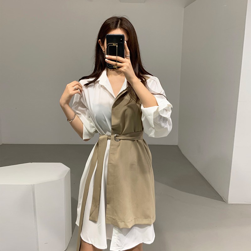 (ORDER) Váy sơ mi xòe dài thắt eo thiết kế phối 2 màu style Hàn Quốc sang trọng | WebRaoVat - webraovat.net.vn
