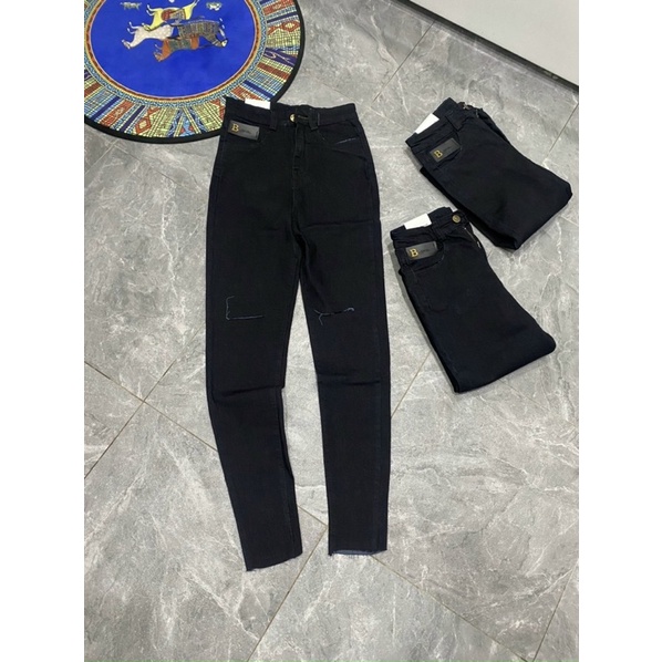 Quần jeans mác da đen rách đùi siêu co giãn ôm chân tôn dáng
