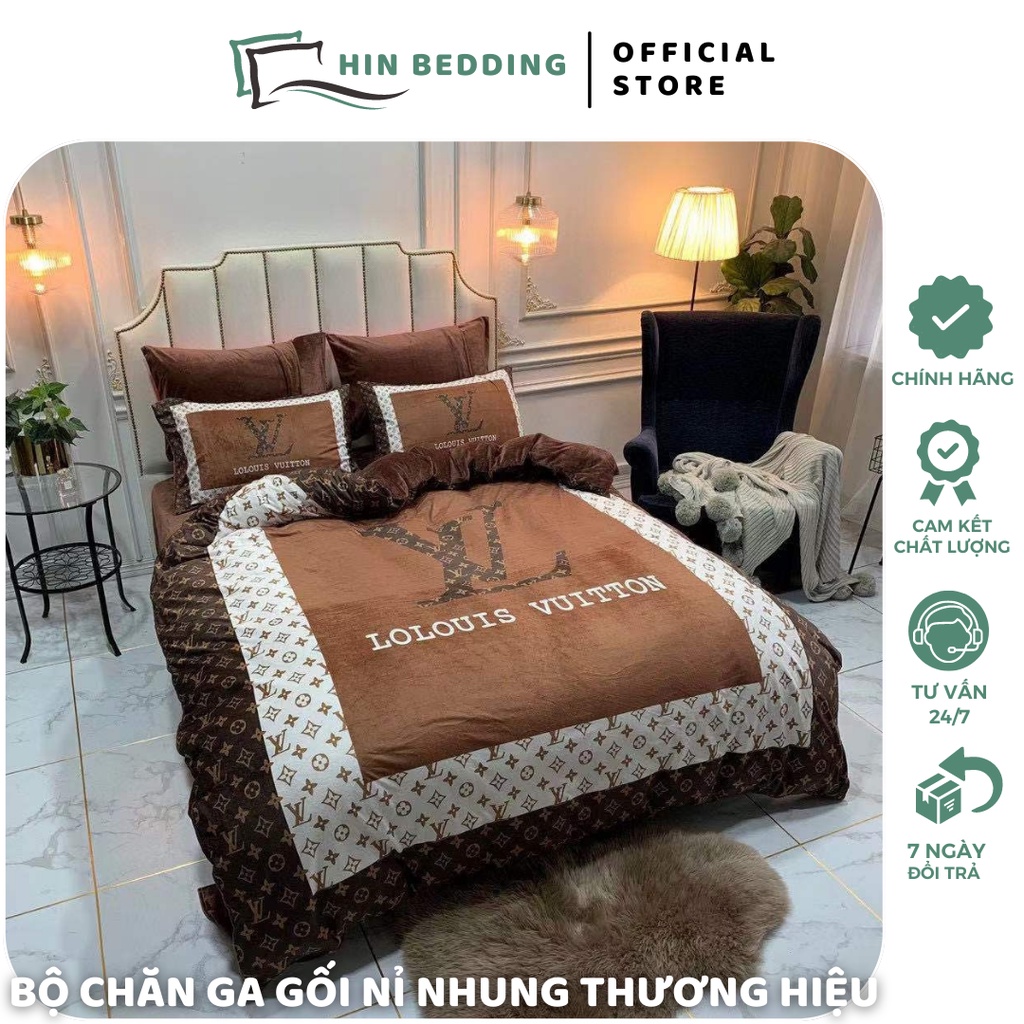 Bộ Chăn Ga Gối Nỉ Nhung Tuyết In Thương Hiệu HIN BEDDING, Chăn Ga Thương Hiệu Sang Trọng Cao Cấp