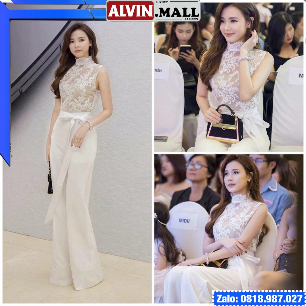 🔥𝓠𝓾ả𝓷𝓰 𝓒𝓱â𝓾 CAO CẤP🔥 Jumsuit dài kiểu cổ lộ pha ren cột dây eo màu trắng vải tuyết mưa ren ladyvin giá rẻ đẹp d