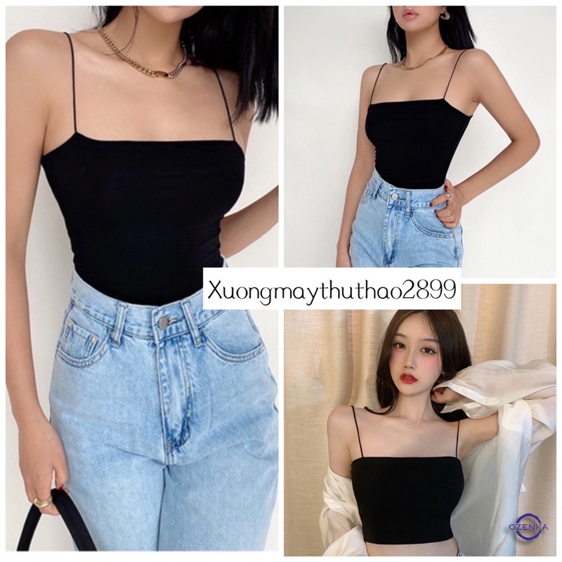 Áo 2 dây ngang ngực Croptop cotton 2 lớp , thun ống ôm body dây sợi bún