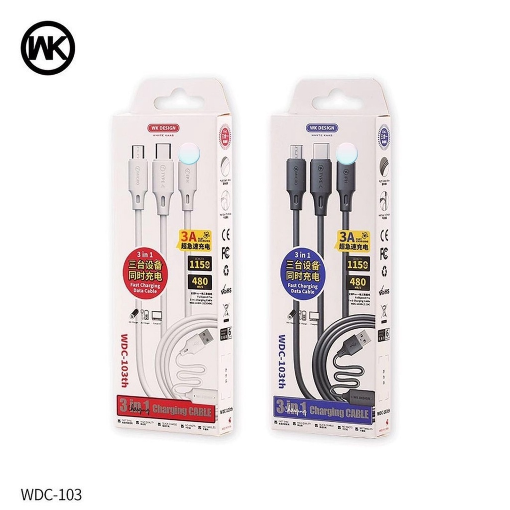 Cáp sạc 3 đầu WK WDC-103 3A USB micro type C Cho tablet táo Pin Dự Phòng Tai nghe Bluetooth Tai nghe ko dây táo I12