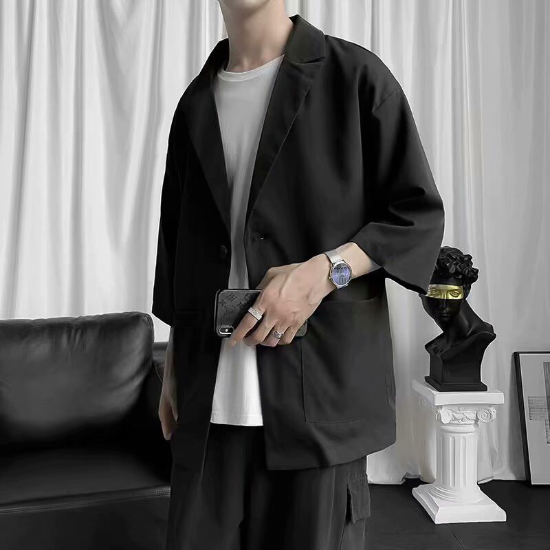 Áo Blazer Nam Tay lỡ, Form Dáng Rộng Áo Khoác Mùa Hè Phong Cách Cá Tính Màu đen, BE BZ05