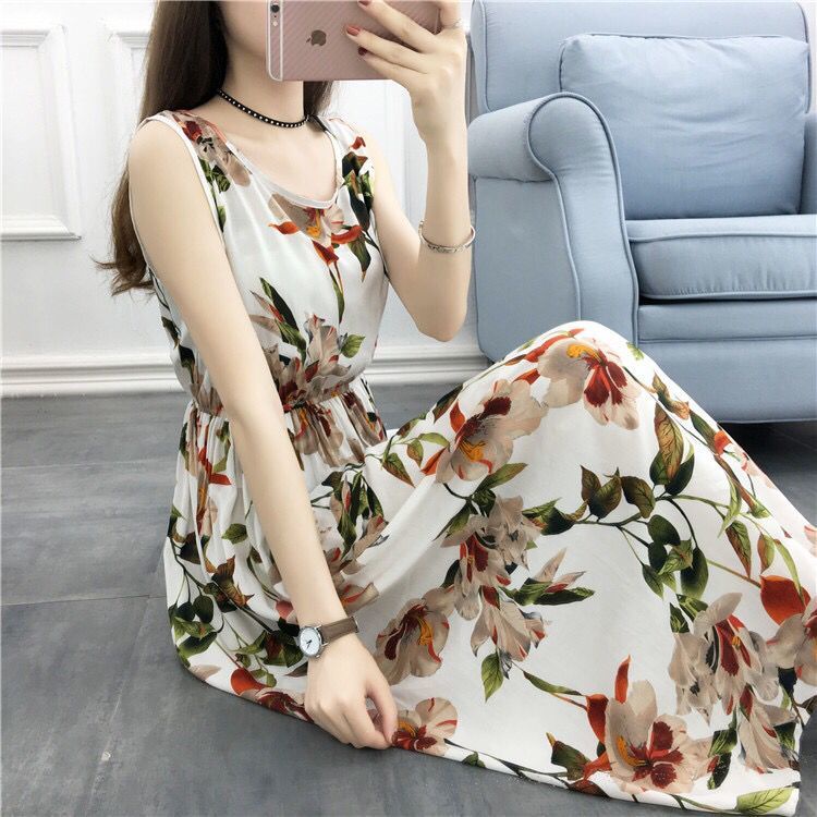 Đầm Maxi vải cotton lụa in họa tiết hoa phong cách Bohemian thời trang đi biển