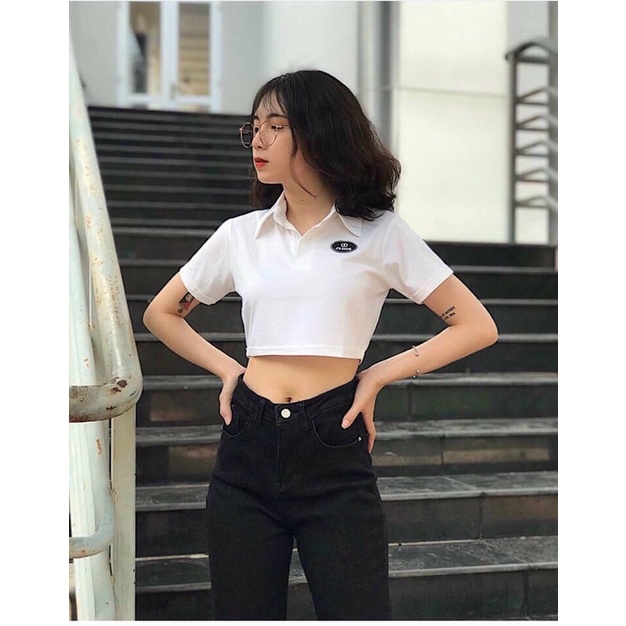 Áo croptop nữ cổ bẻ polo thêu hình 3 màu (trắng/đen/đỏ