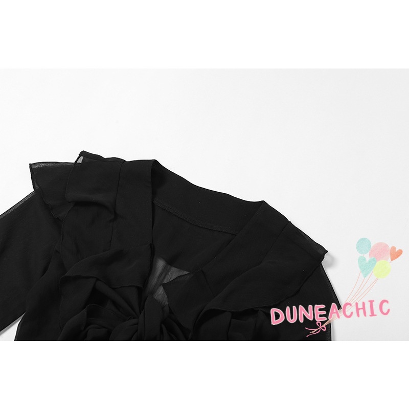 DUNEA Áo Croptop Tay Dài Phối Lưới Phong Cách Quyến Rũ Cho Nữ