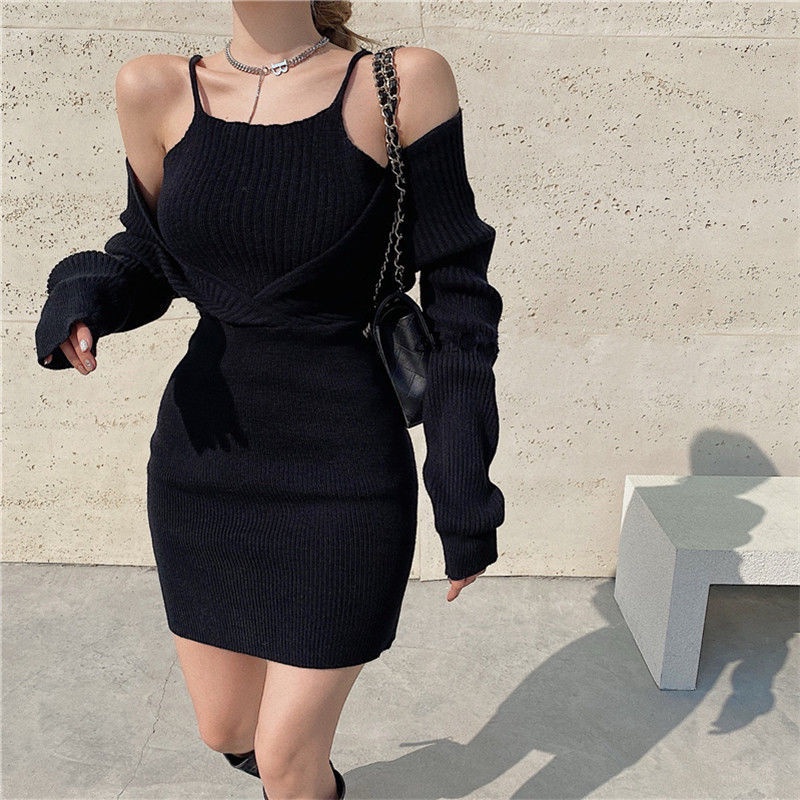 [MURIOKI] Set Đầm Ôm Hai Dây + Áo Sweater Tay Dài Màu Đen Phong Cách Thời Trang Mùa Thu 2022