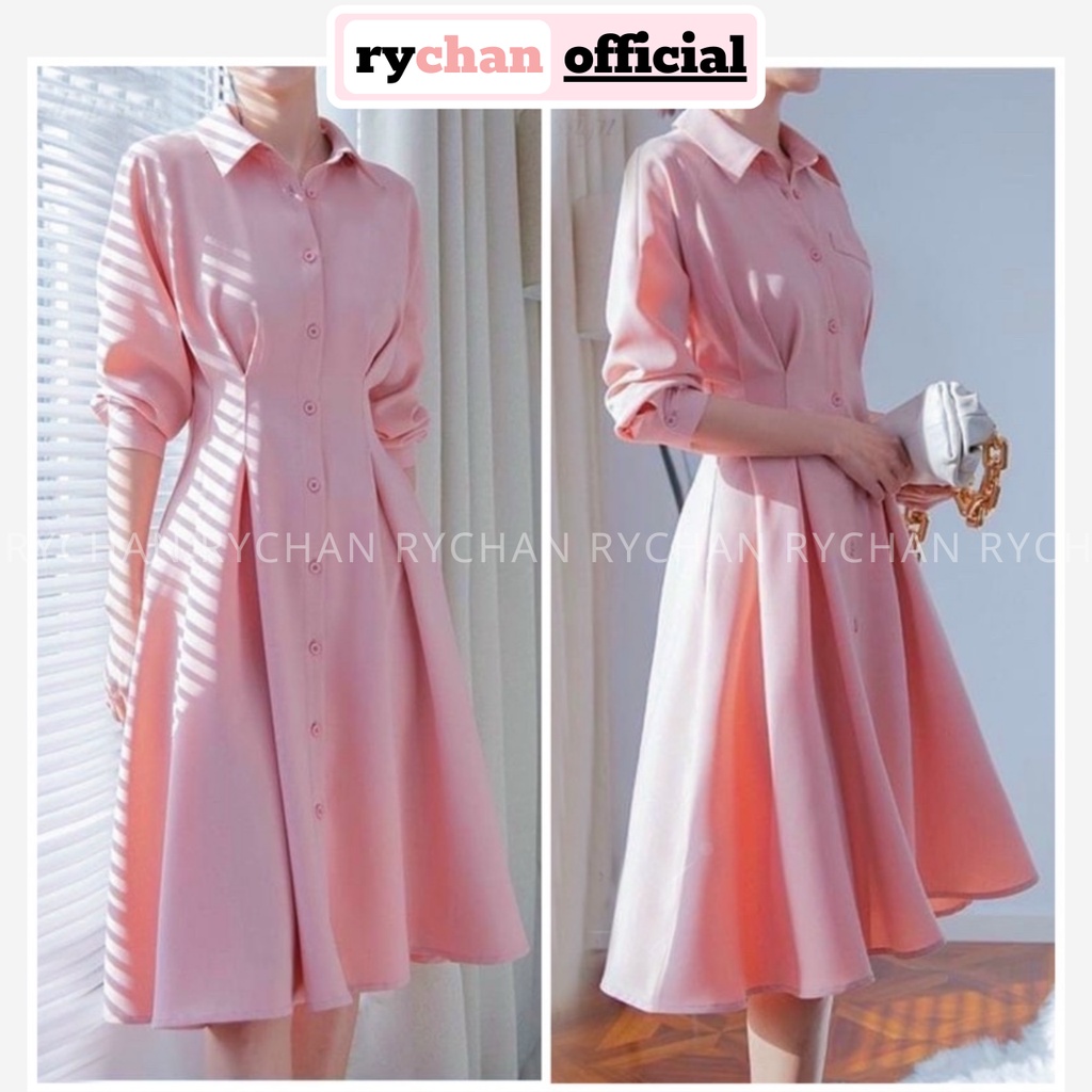 [ẢNH THẬT CUỐI] Đầm Nữ Công Sở Sơ Mi Hồng Xếp Li Eo Tay Lửng Form Xòe Thanh Lịch Màu Hồng - DX9701
