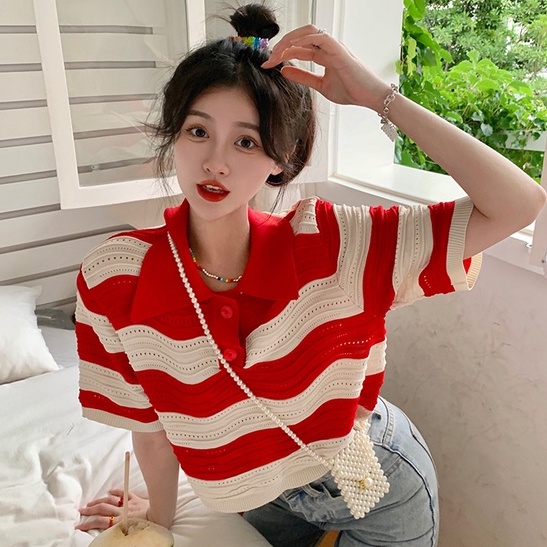 Áo thun polo ZHELIHANGFEI vải dệt kim tay ngắn họa tiết kẻ sọc màu sắc tương phản cá tính