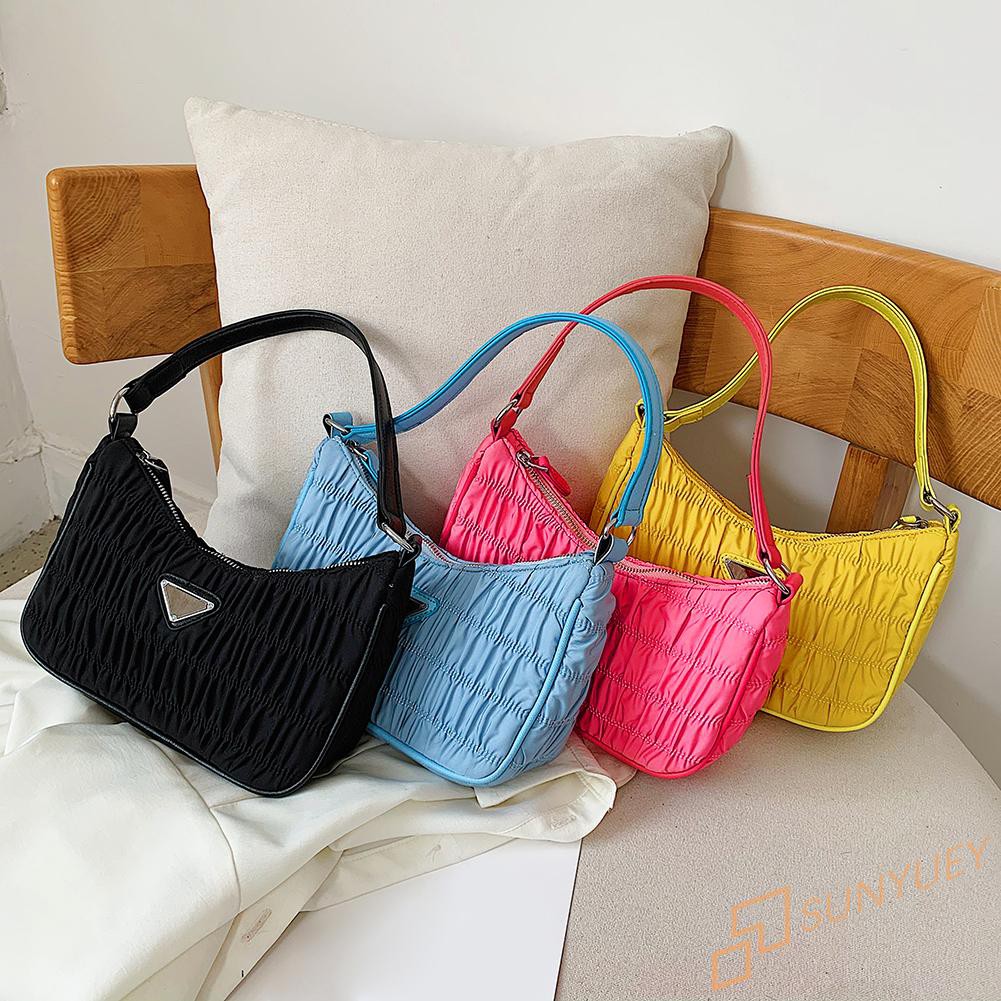 【In Stock】Nylon Women Handbag Retro Evening Clutch Pleated Shoulder Bag Shopping Tote